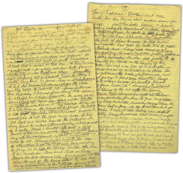 Moe Howard's Handwritten Manuscript Page When Writing His Autobiography -- Moe Discloses Details About Larry & ''how Larry became one of The 3 Stooges'' -- Two Pages on One 8'' x 12.5'' Sheet